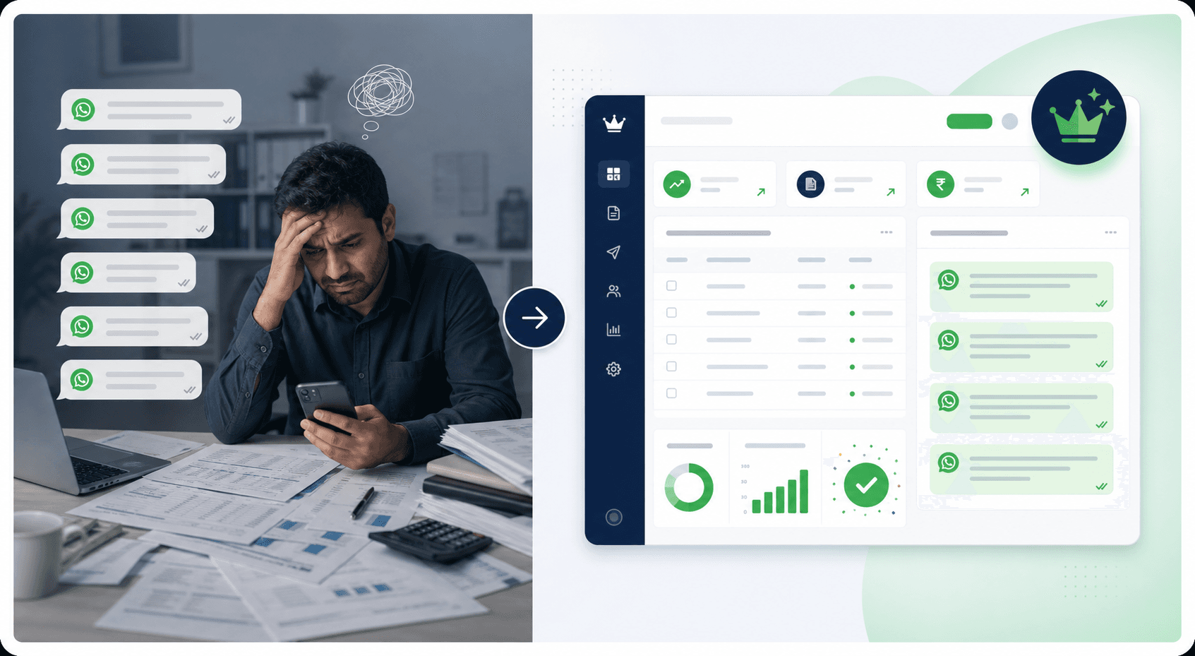 Comparação visual entre cobrança manual estressante e solução automatizada CobraApp