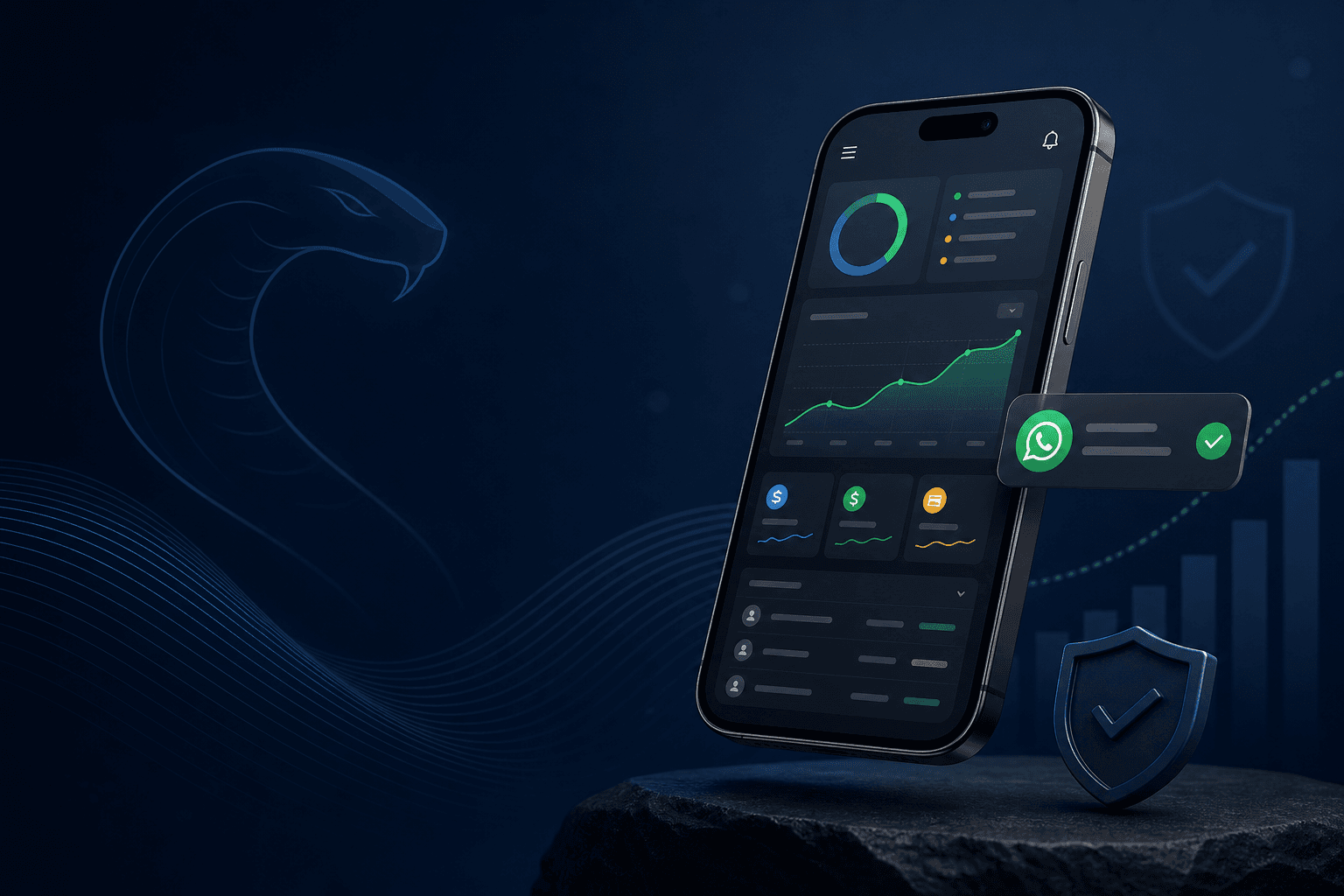 Visual do CobraApp com dashboard financeiro e confirmação de pagamento no WhatsApp